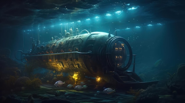 A submarine in the water with the words submarine on the bottom.