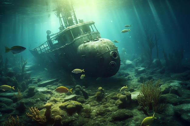 Обломки подводной лодки под водой обои