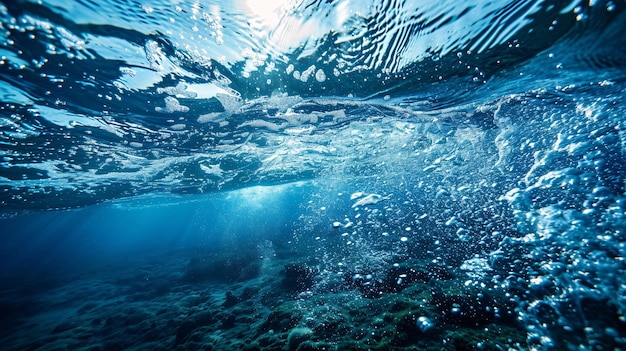 Submerged in the ocean with azure currents and frothy bubbles