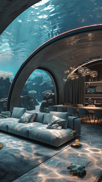 Погруженная спокойствие завораживающая подводная комната дома раскрывает водные чудеса через панорамный