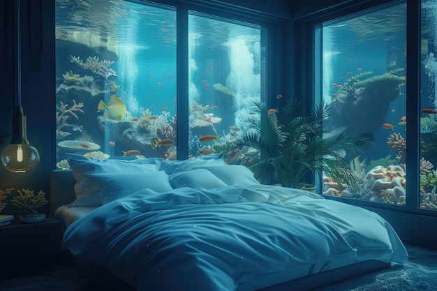 Submerged serenity mesmerizing underwater house room reveals aquatic wonders through panoramic