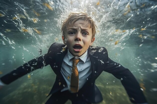 Foto l'espressione sorpresa del ragazzo sommerso a sorpresa in mezzo al caos sottomarino