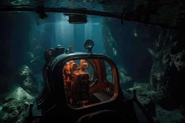 Submersible with view of dark and mysterious underwater cave system created with generative ai