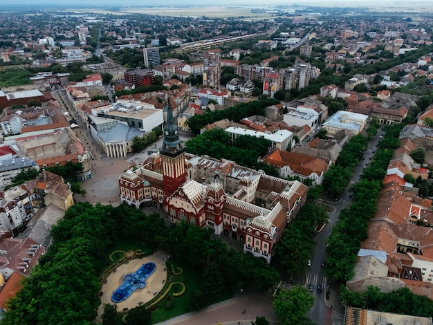 Subotica city hall and main square colorful street view Vojvodina region of Serbia