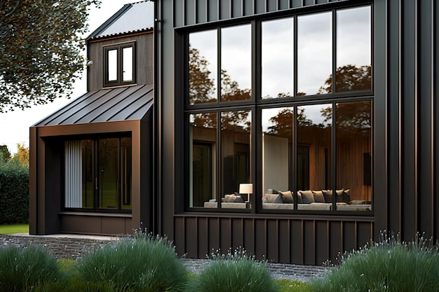 Substantial dark aluminium windows with grey trim on brown house generative ai