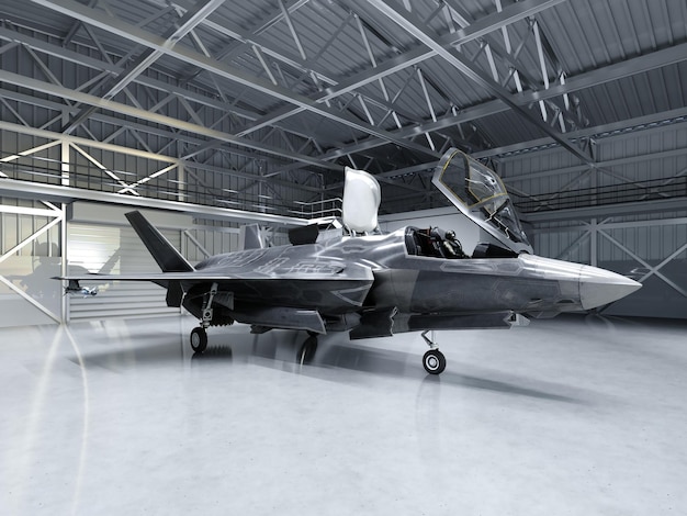 Subtiele multifunctionele jachtbommenwerper vijfde generatie Moderne jager in de hangar 3D-rendering