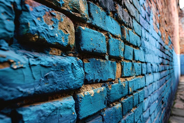 Subtle Erosion Hints of Yellow in a Fading Blue Brick Wall