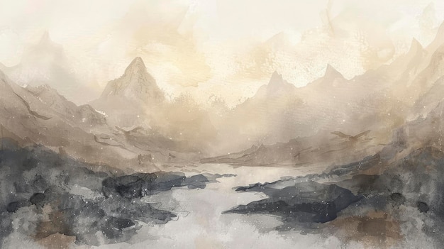 Subtle Majesty Minimalistische aquarel afbeelding van Skyrim landschap in beige en grijze tonen