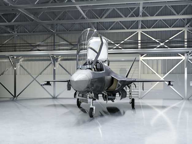 Subtle multifunctional fighterbomber fifth generation modern\
fighter in the hangar 3d rendering