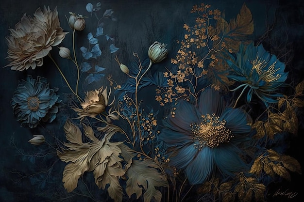 Subtly textured blue and gold painted flowers dark moody background Generative AI AIG15