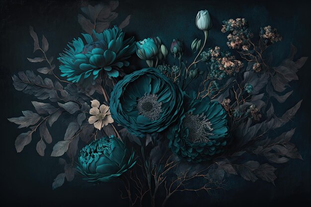 Subtly textured teal painted flowers dark moody background Generative AI AIG15