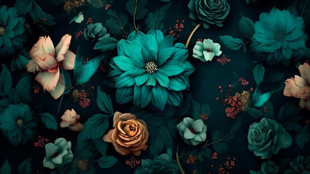 Subtly textured teal painted flowers dark moody background Generative AI illustrator