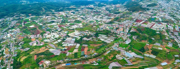 Suburb in the morning seen from above in the highlands of da lat, vietnam