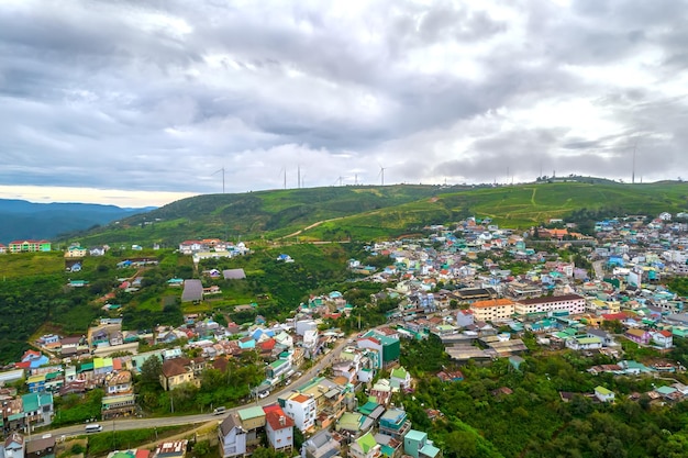 Suburb in the morning seen from above in the highlands of Da Lat, Vietnam.