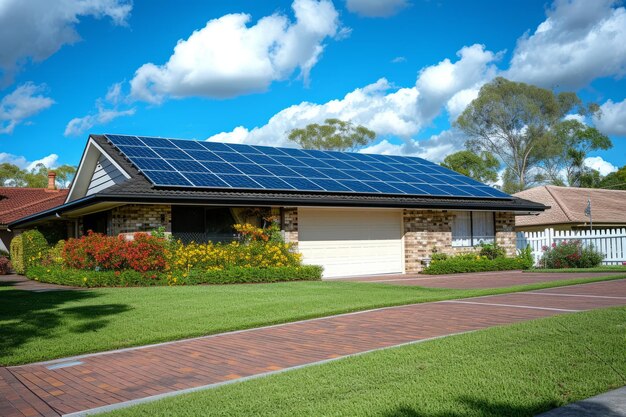 Photo a suburban house with solar panels on the roof