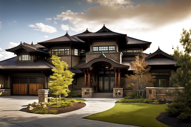 Photo suburban mansion in asian traditions prairie style house exterior