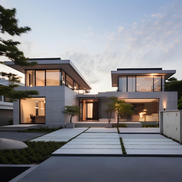 Suburban Modern House with Concrete Facade and Japanese Garden