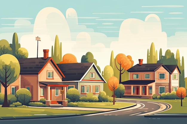 A suburban neighborhood street in a small town or rural location with a junction rows of residences and other structures Flat style selling of city property and real estate