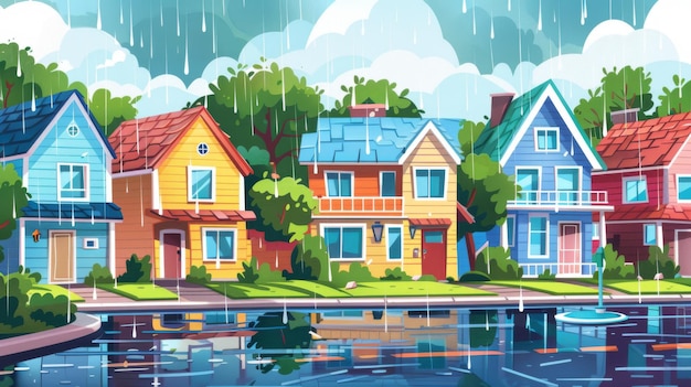 The suburbs with cottages yards and trees on a rainy day Cartoon modern illustration of cityscape street with private family home