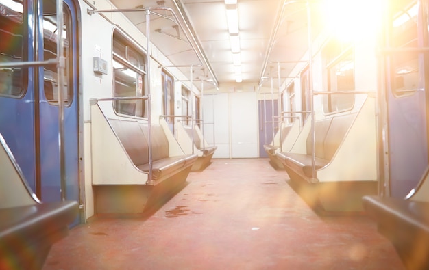 Subway car with empty seats. Empty subway car.