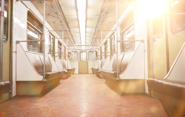 Subway car with empty seats. empty subway car.