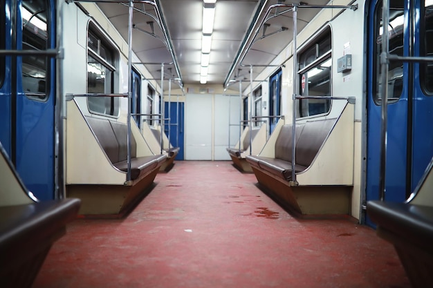 Subway car with empty seats. Empty subway car.