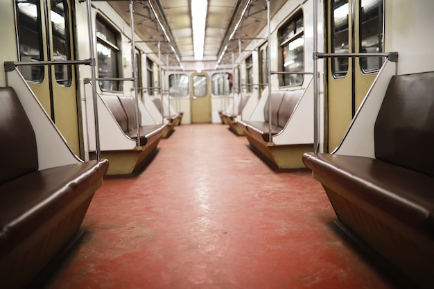 Subway car with empty seats. Empty subway car.