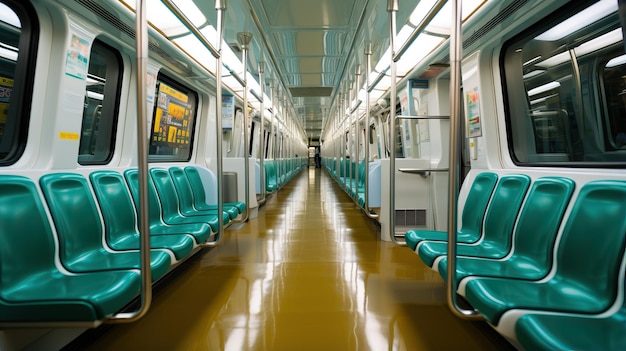 a subway car with green seats