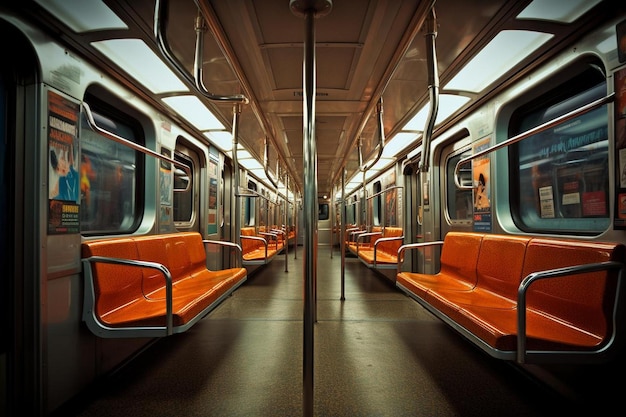 A subway car with orange seats and a hand rail.