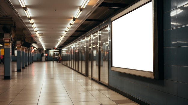 Subway platform with blank advertising billboard and reflective floors Commuter space and marketing concept Generative AI