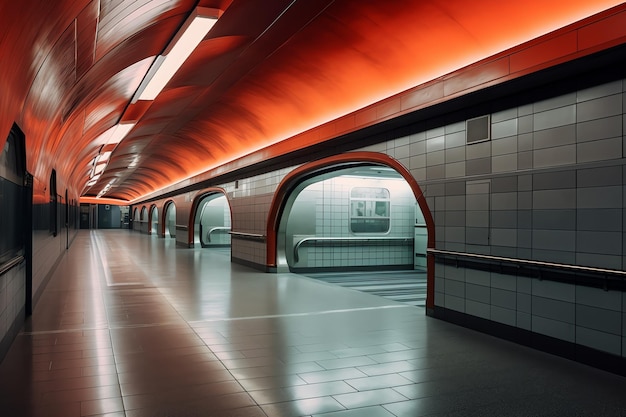 A subway station with orange walls and a tunnel with the word london on it.