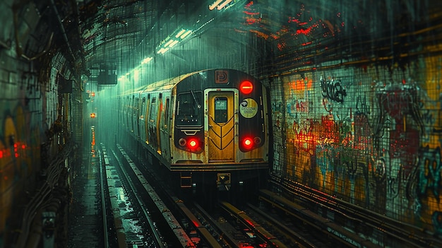 地下鉄の列車が側にグラフィティが描かれたトンネルを通過しています