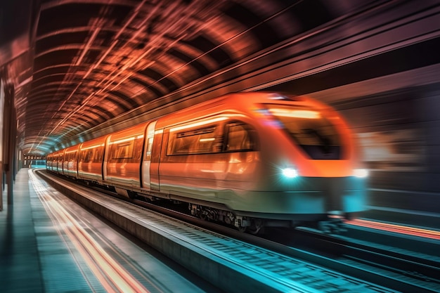 Поезд метро через темные и узкие туннели со скоростью и размытостью движения, добавляющими острых ощущений в путешествие Генеративный ИИ