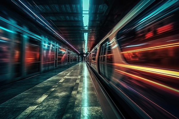 Subway train through the dark and narrow tunnels with speed and motion blur adding to the thrill of the journey Generative AI