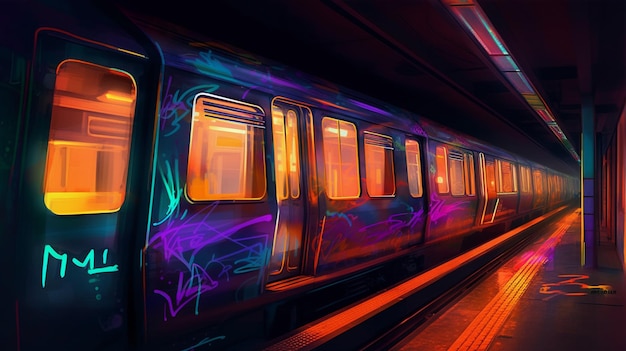 A subway train with graffiti on the doors