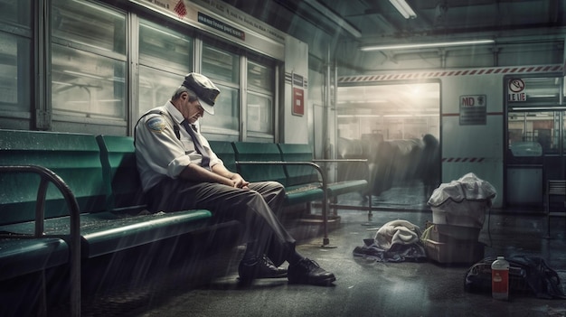 A subway train with a man sleeping on the subway.