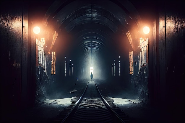 깜박이는 불빛이 있는 지하철 터널이 생성 AI로 생성된 으스스한 분위기를 연출합니다.
