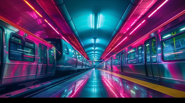 a subway tunnel with a red and blue sign that says  subway