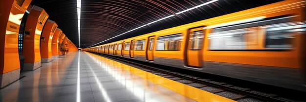 Subway underground tunnel with blurry rail tracks in metro gallery concept of public transport