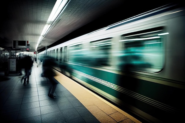 생성 AI로 생성된 기차에 앉아 있거나 서있는 승객과 함께 역의 흐릿함을 지나는 지하철