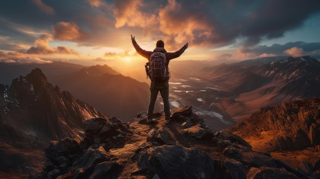 Succes man wandelaar op de zonsopgang bergtop