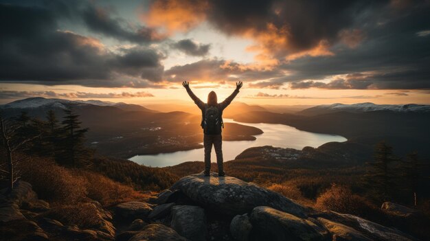 Foto succes man wandelaar op de zonsopgang bergtop