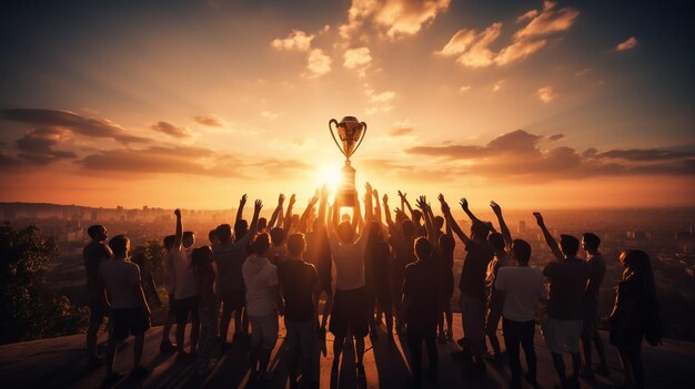 Succes van teamwerk gezamenlijke verwezenlijking van het doel in het bedrijfsleven en het leven Het winnende team houdt de trofee in handen Silhouetten van vele handen in de zonsondergang