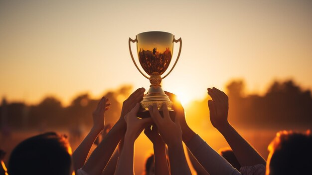 Foto succes van teamwerk gezamenlijke verwezenlijking van het doel in het bedrijfsleven en het leven het winnende team houdt de trofee in handen silhouetten van vele handen in de zonsondergang