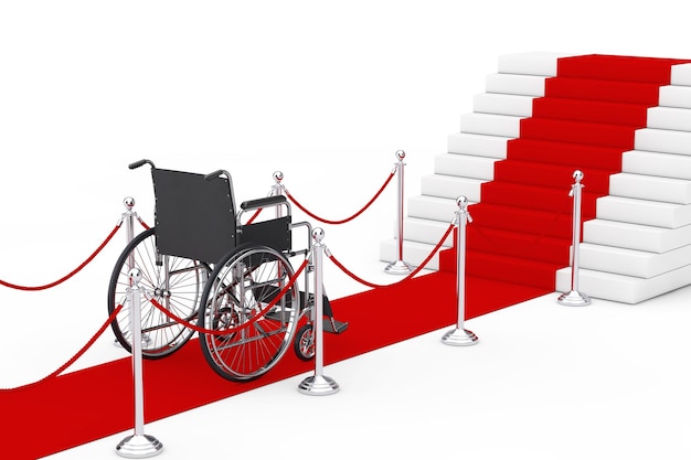 Succesconcept. lege rolstoel op een rode loper met barrière touw voor trappen podium op een witte achtergrond. 3d-rendering