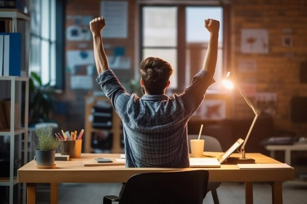 Photo success achieved rear view of young man in casual wear gesturing while sitting at the desk in creative office generative ai