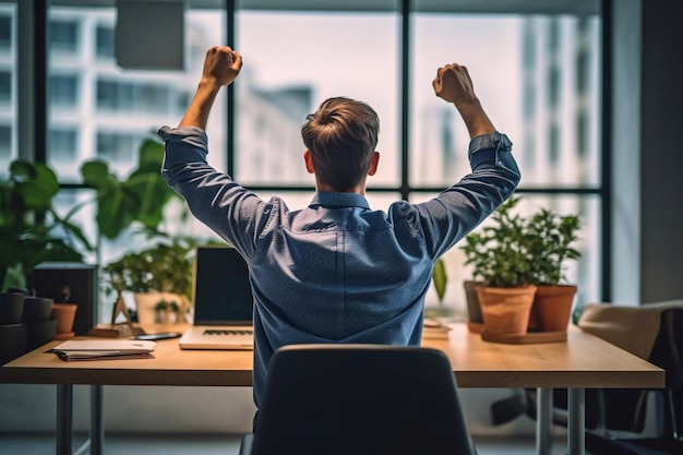 Photo success achieved rear view of young man in casual wear gesturing while sitting at the desk in creative office generative ai