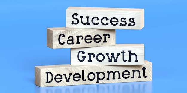 Success career growth development words on wooden blocks 3D illustration