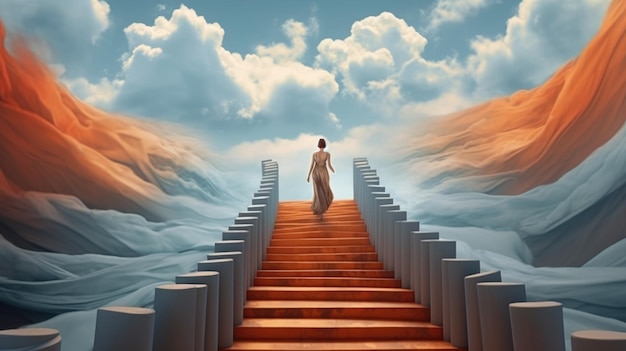 Success choice hope way and freedom concept idea conceptual painting fantasy artwork a woman with surreal stairs Generative AI image weber