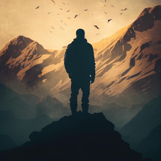 Success concept a man or mountain watching birds AI Generative